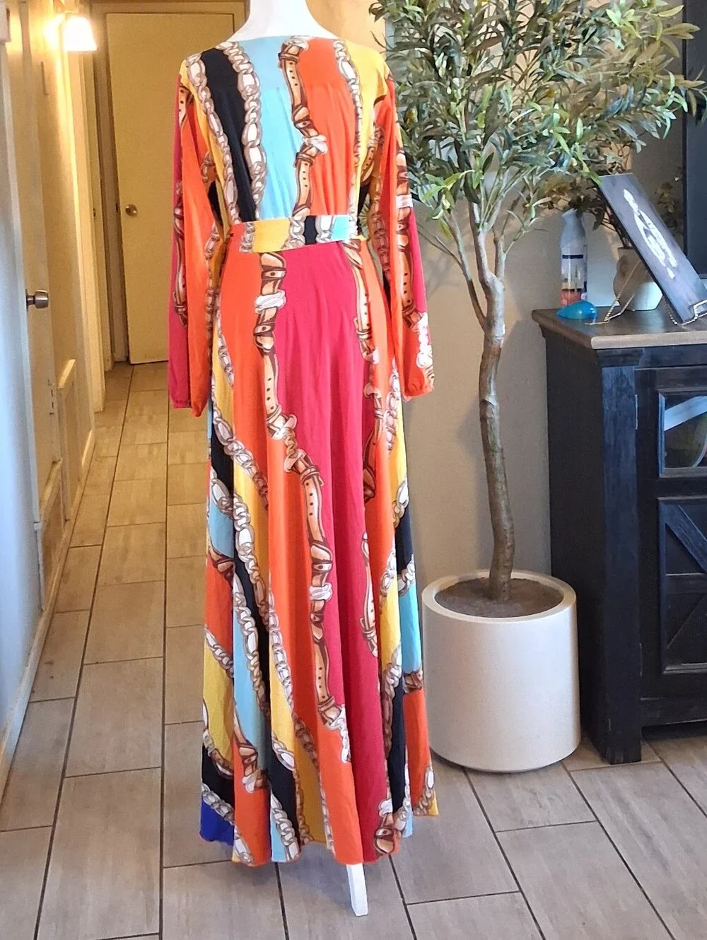 Dareen Hand‎ Made Chain Print Maxi Dress SzL Multicolor Wrap Vacation Beach